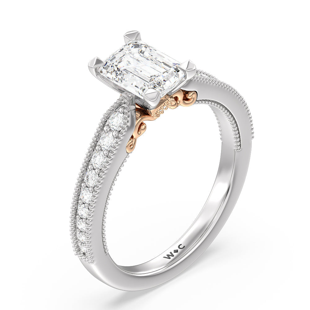 Emerald Cut Milgrain Hidden Accent Engagement Ring with Lab Grown Diamond in 14KT White & Rose Gold view 3

