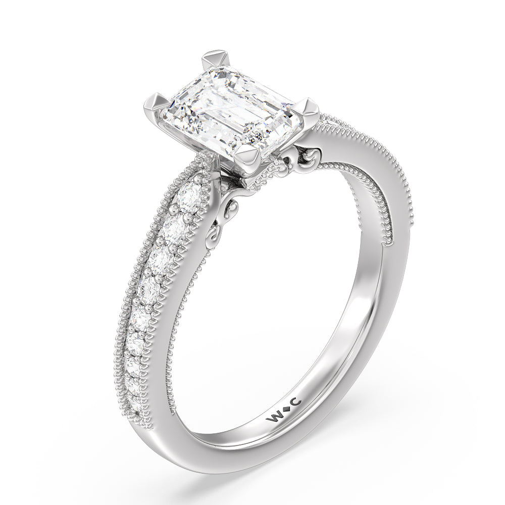 Emerald Cut Milgrain Hidden Accent Engagement Ring with Lab Grown Diamond in 14KT Platinum view 3
