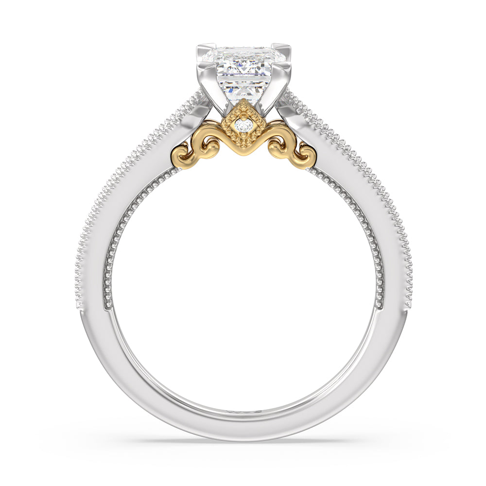 Emerald Cut Milgrain Hidden Accent Engagement Ring with Lab Grown Diamond in 14KT White & Yellow Gold view 2
