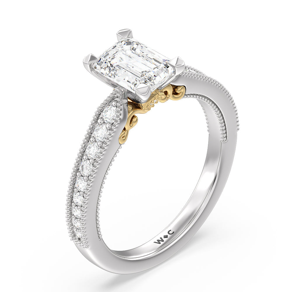 Emerald Cut Milgrain Hidden Accent Engagement Ring with Lab Grown Diamond in 14KT White & Yellow Gold view 3
