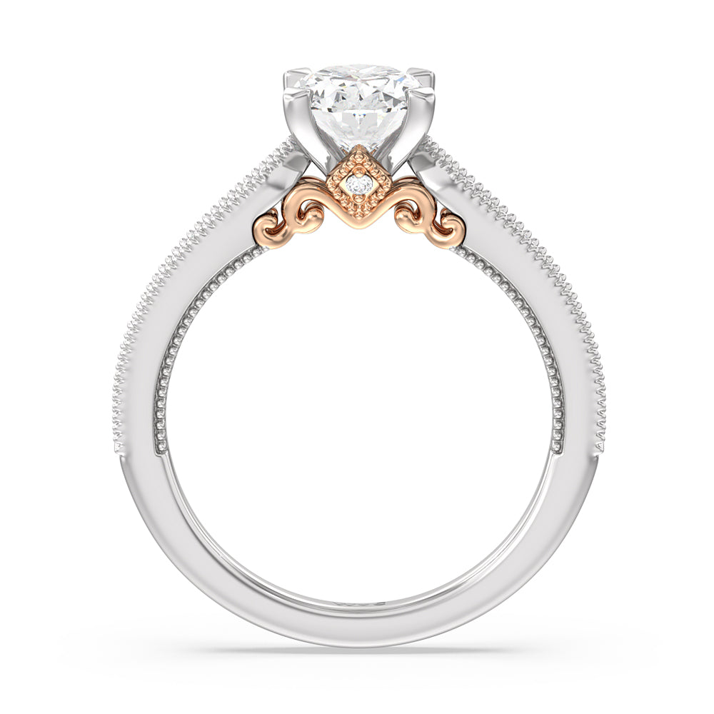 Oval Cut Milgrain Hidden Accent Engagement Ring with Lab Grown Diamond in 14KT White & Rose Gold view 2
