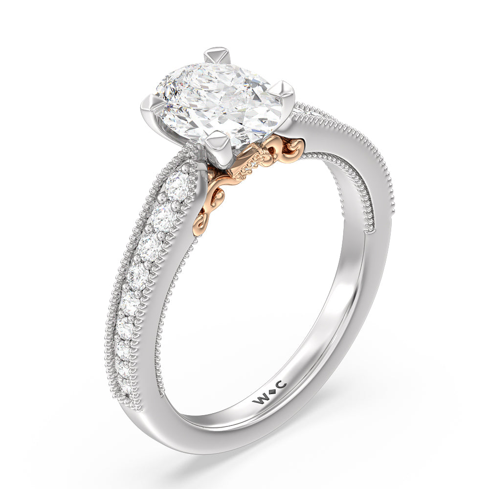 Oval Cut Milgrain Hidden Accent Engagement Ring with Lab Grown Diamond in 14KT White & Rose Gold view 3
