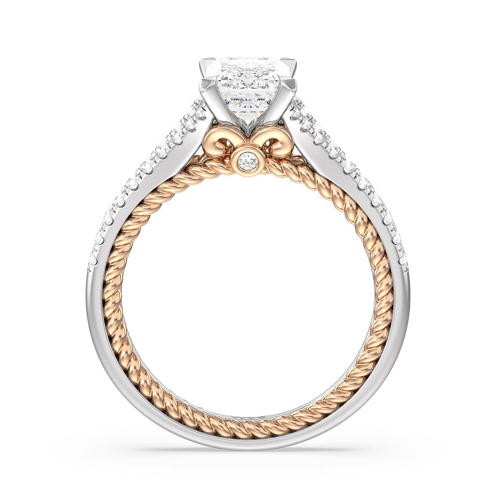 Emerald Cut Split Shank Rope Hidden Accent Engagement Ring with Lab Grown Diamond in 14KT White & Rose Gold view 2
