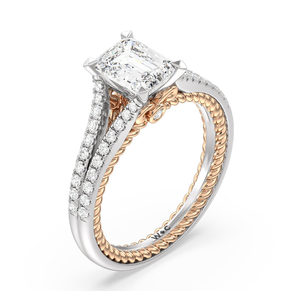 Emerald Cut Split Shank Rope Hidden Accent Engagement Ring with Lab Grown Diamond in 14KT White & Rose Gold view 3

