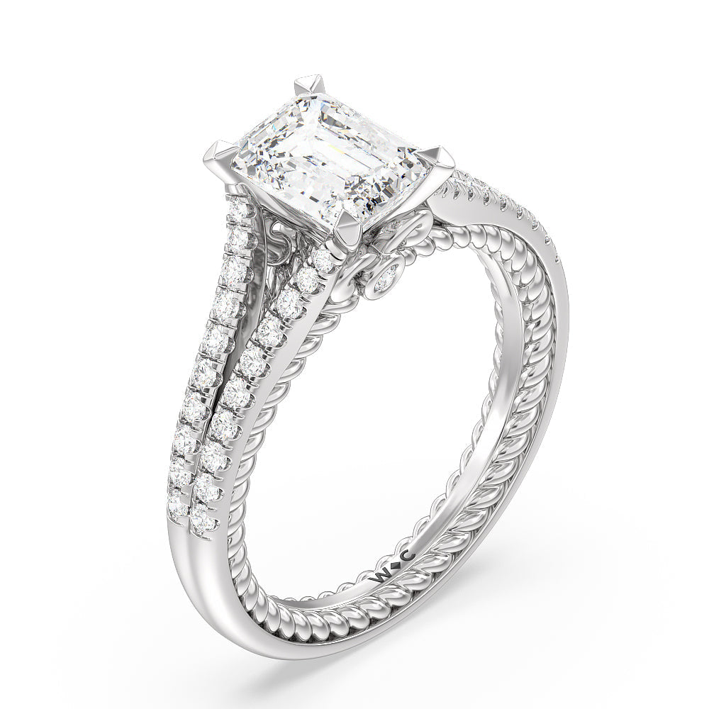 Emerald Cut Split Shank Rope Hidden Accent Engagement Ring with Lab Grown Diamond in 14KT Platinum view 3
