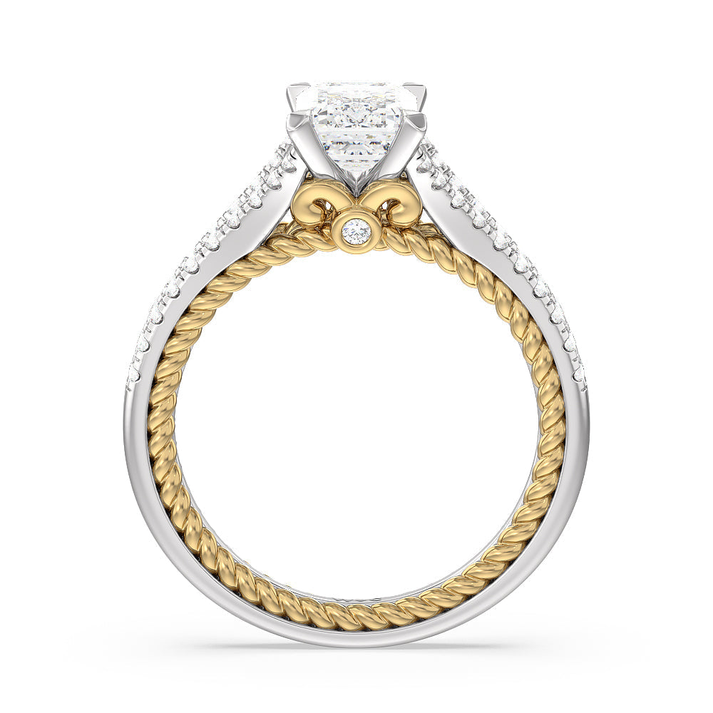 Emerald Cut Split Shank Rope Hidden Accent Engagement Ring with Lab Grown Diamond in 14KT White & Yellow Gold view 2
