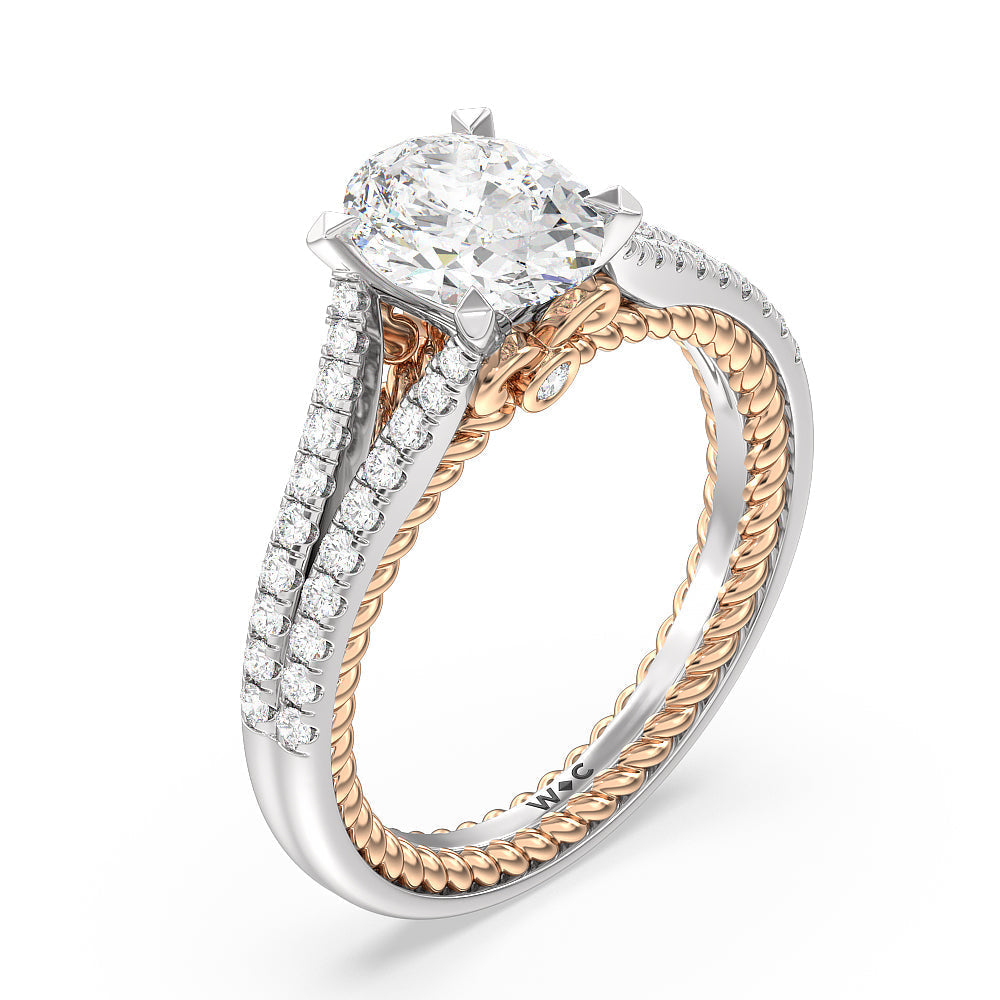 Oval Cut Split Shank Rope Hidden Accent Engagement Ring with Lab Grown Diamond in 14KT White & Rose Gold view 3
