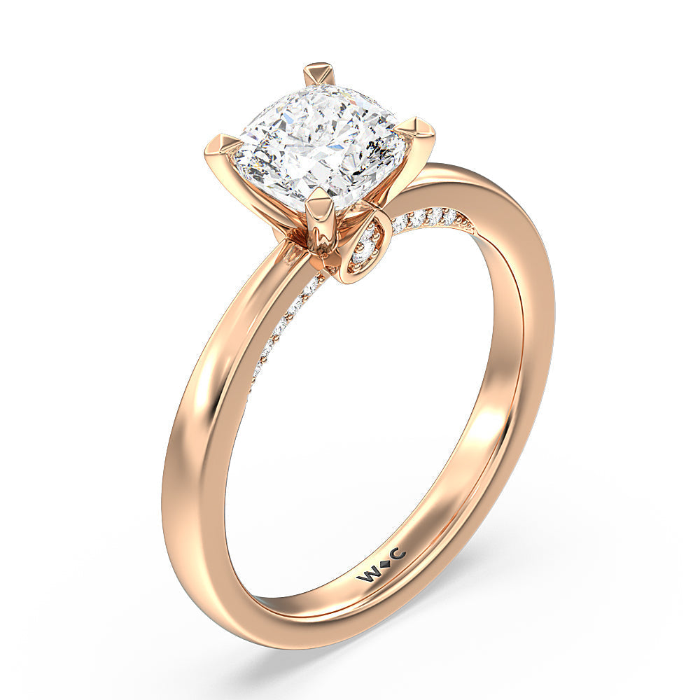 Adorned Hidden Accent Diamond Engagement Ring with Cushion Cut Diamond in 14KT Rose Gold view 3
