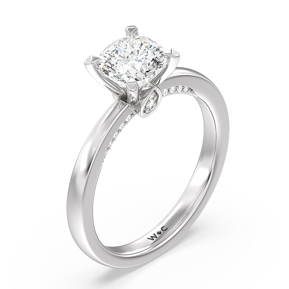 Adorned Hidden Accent Diamond Engagement Ring with Cushion Cut Diamond in 14KT Platinum view 3
