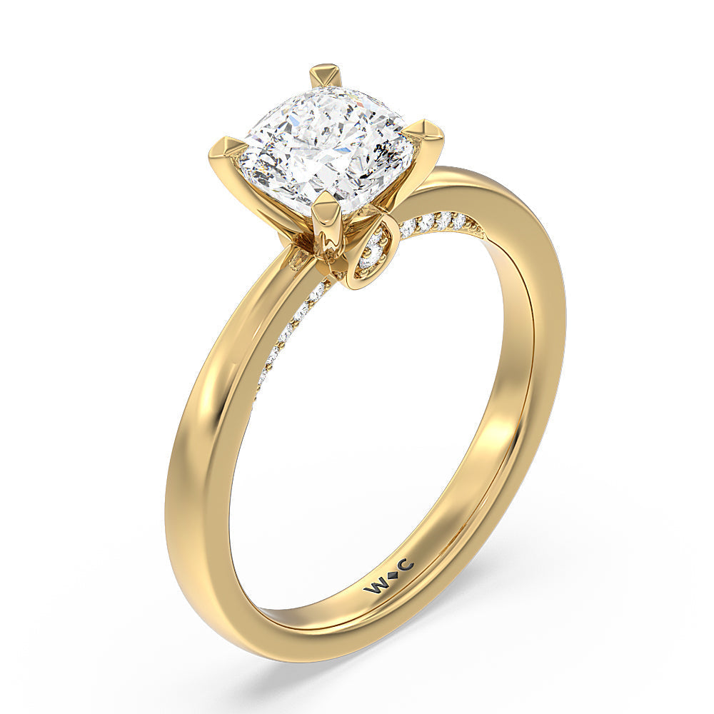 Adorned Hidden Accent Diamond Engagement Ring with Cushion Cut Diamond in 14KT Yellow Gold view 3
