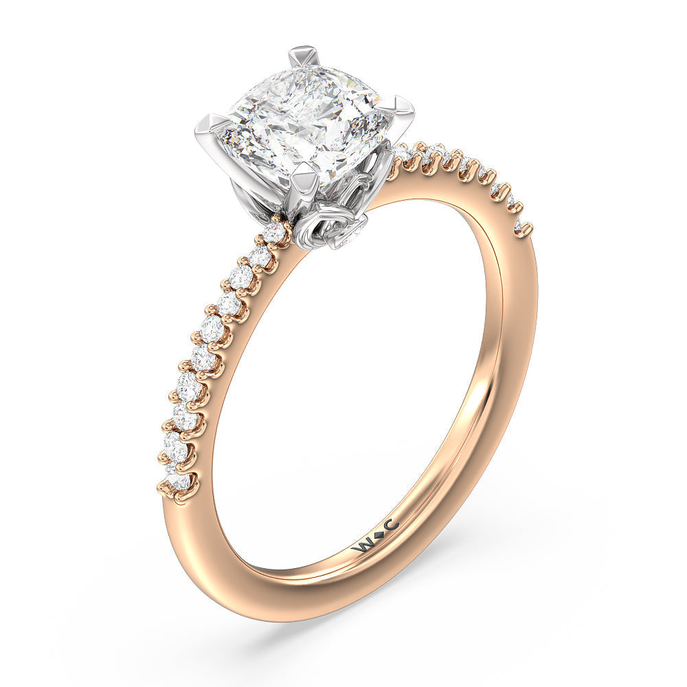 Petal Hidden Accent Pave Engagement Ring with Cushion Cut Diamond in 14KT White & Rose Gold view 3

