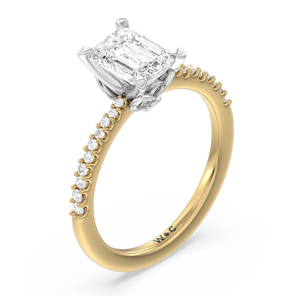 Petal Hidden Accent Pave Engagement Ring with Emerald Cut Diamond in 14KT White & Yellow Gold view 3
