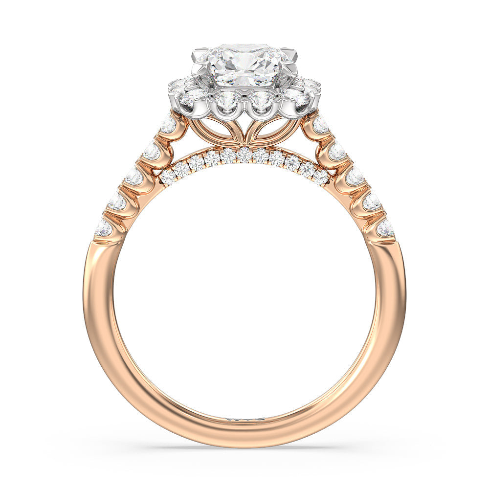 Cushion Cut Shared Prong Halo Petal Engagement Ring with Lab Grown Diamond in 14KT White & Rose Gold view 2
