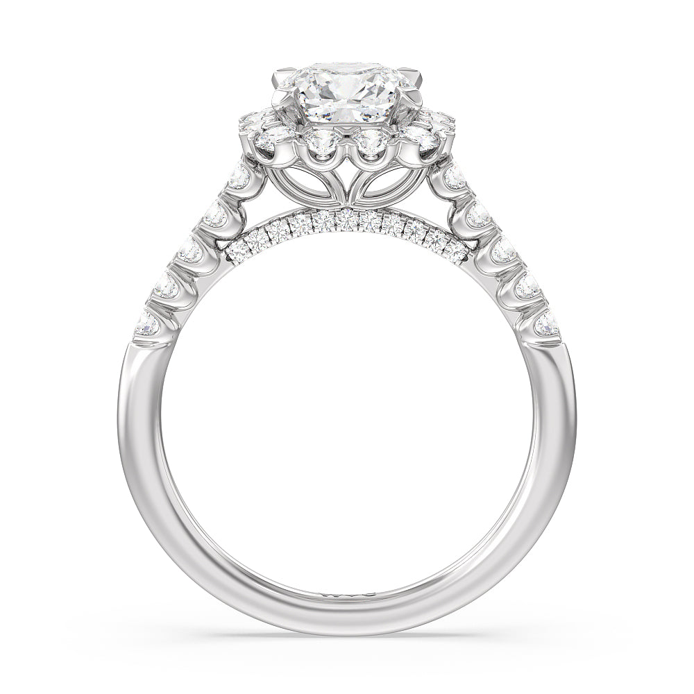 Cushion Cut Shared Prong Halo Petal Engagement Ring with Lab Grown Diamond in 14KT Platinum view 2
