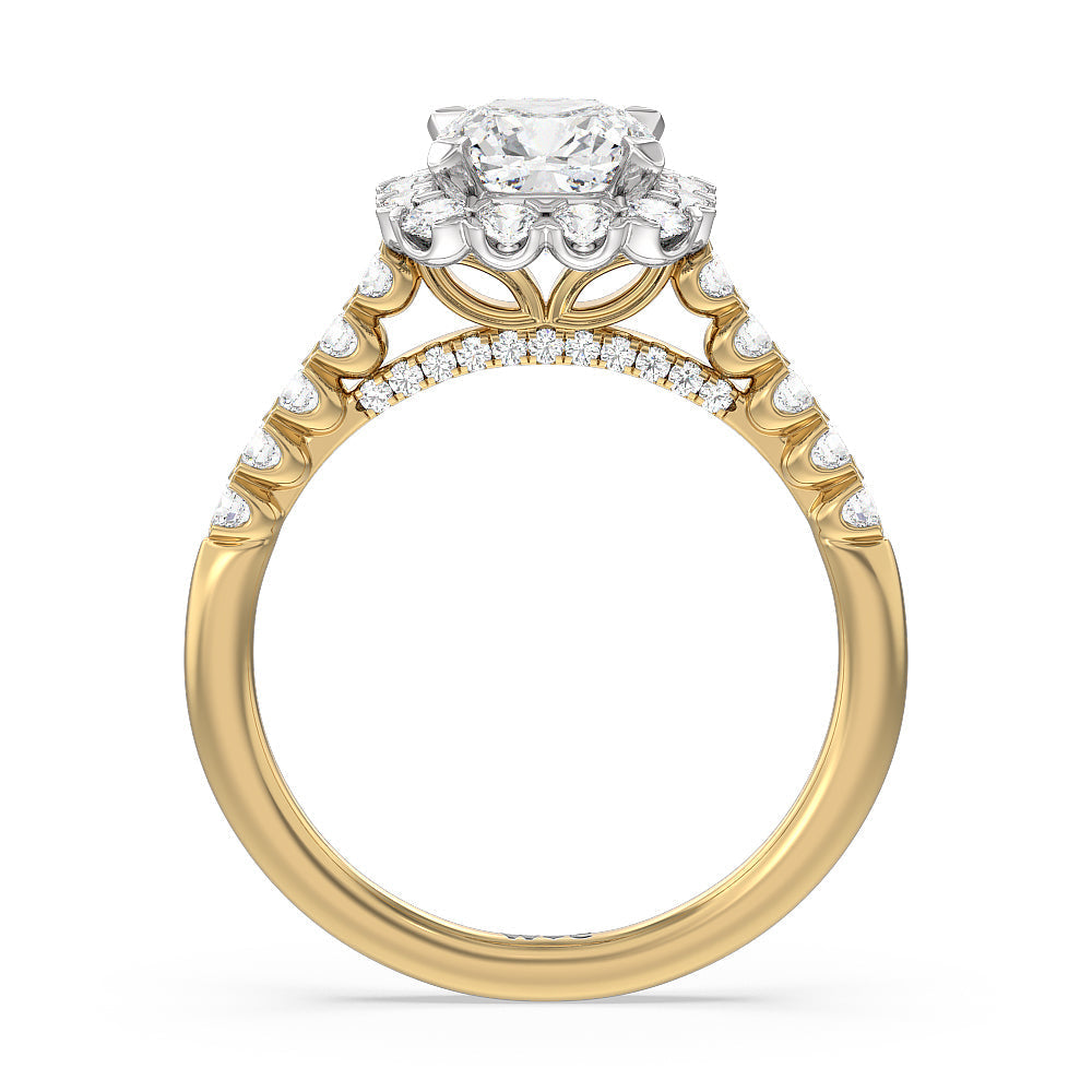 Cushion Cut Shared Prong Halo Petal Engagement Ring with Lab Grown Diamond in 14KT White & Yellow Gold view 2
