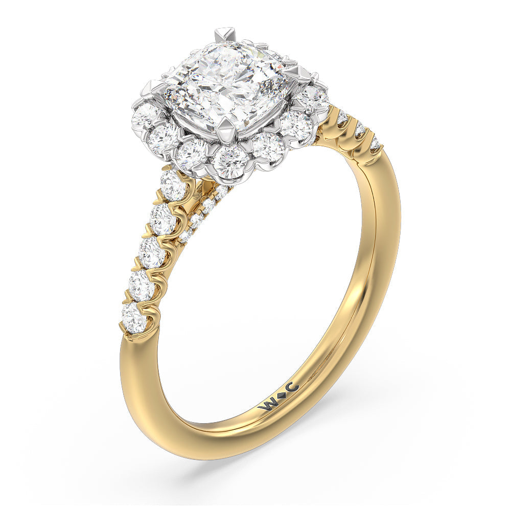 Cushion Cut Shared Prong Halo Petal Engagement Ring with Lab Grown Diamond in 14KT White & Yellow Gold view 3
