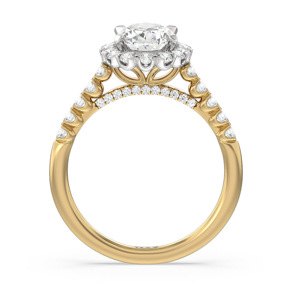 Oval Cut Shared Prong Halo Petal Engagement Ring with Lab Grown Diamond in 14KT White & Yellow Gold view 2
