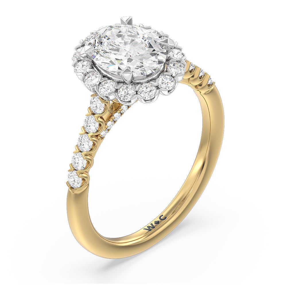 Oval Cut Shared Prong Halo Petal Engagement Ring with Lab Grown Diamond in 14KT White & Yellow Gold view 3
