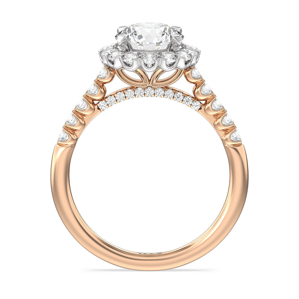 Round Cut Shared Prong Halo Petal Engagement Ring with Lab Grown Diamond in 14KT White & Rose Gold view 2
