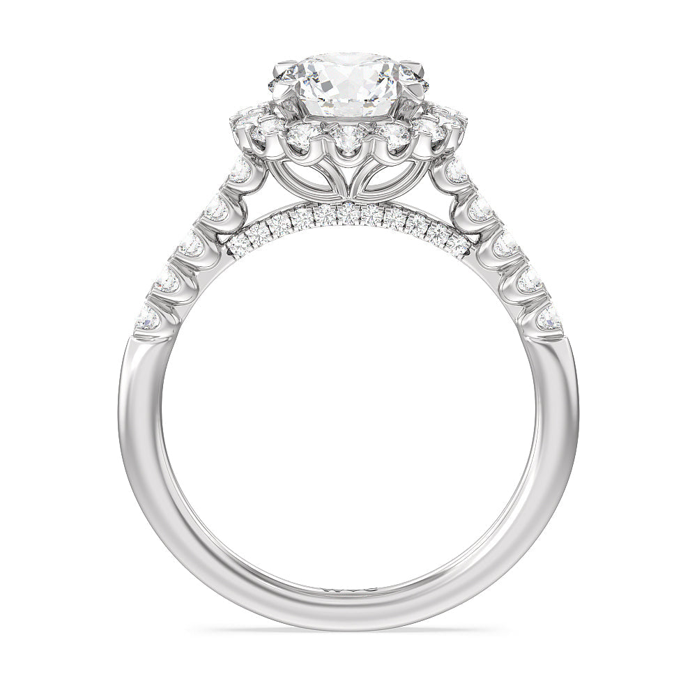 Round Cut Shared Prong Halo Petal Engagement Ring with Lab Grown Diamond in 14KT Platinum view 2
