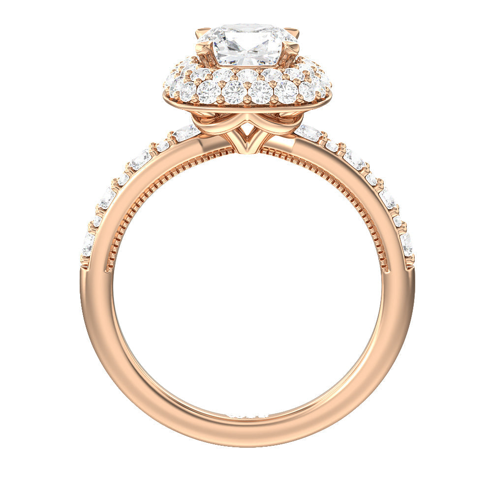Cushion Cut Falling Edge Halo Engagement Ring with Lab Grown Diamond in 14KT Rose Gold view 2
