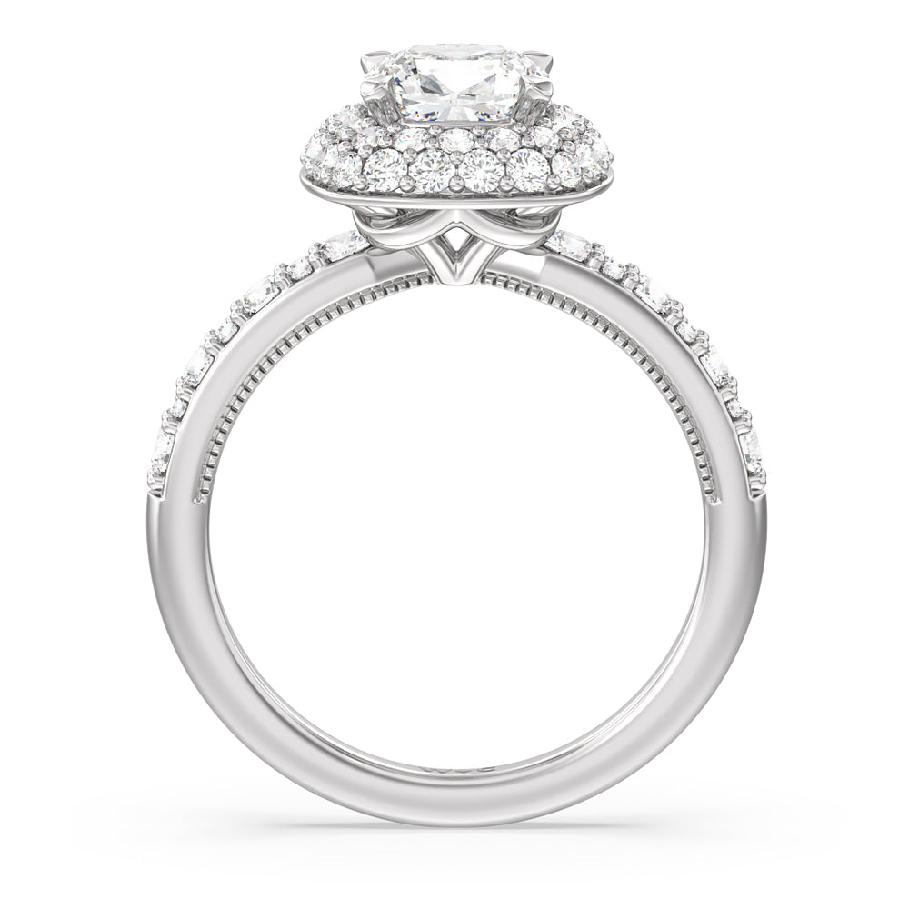 Cushion Cut Falling Edge Halo Engagement Ring with Lab Grown Diamond in 14KT Platinum view 2
