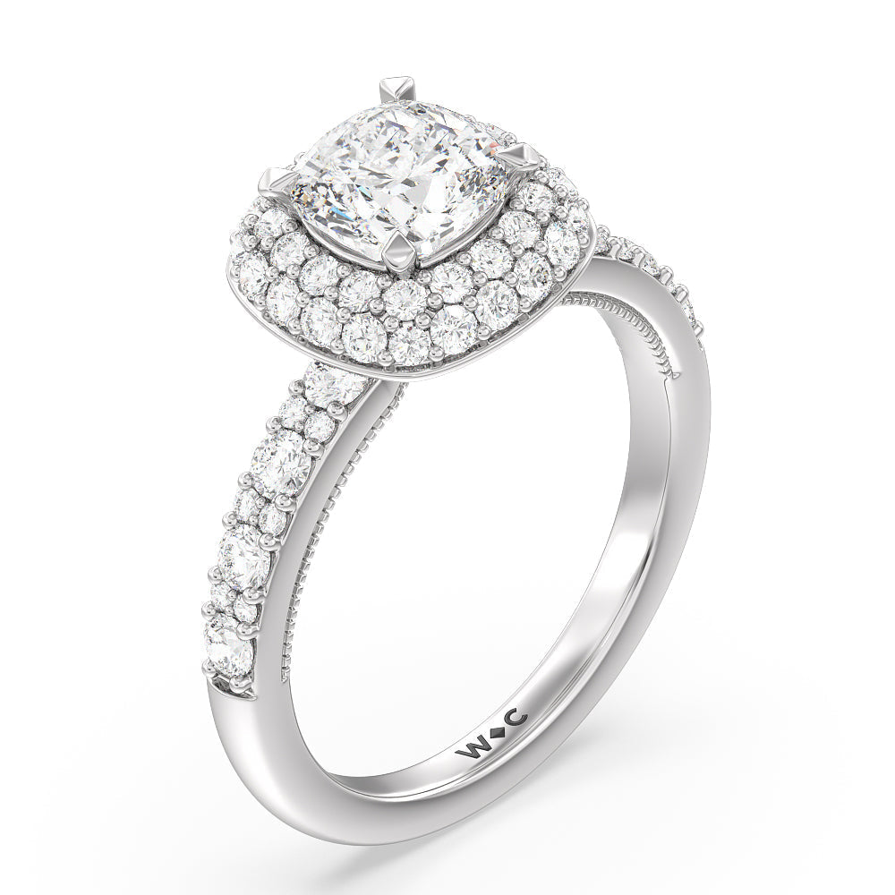 Cushion Cut Falling Edge Halo Engagement Ring with Lab Grown Diamond in 14KT Platinum view 3
