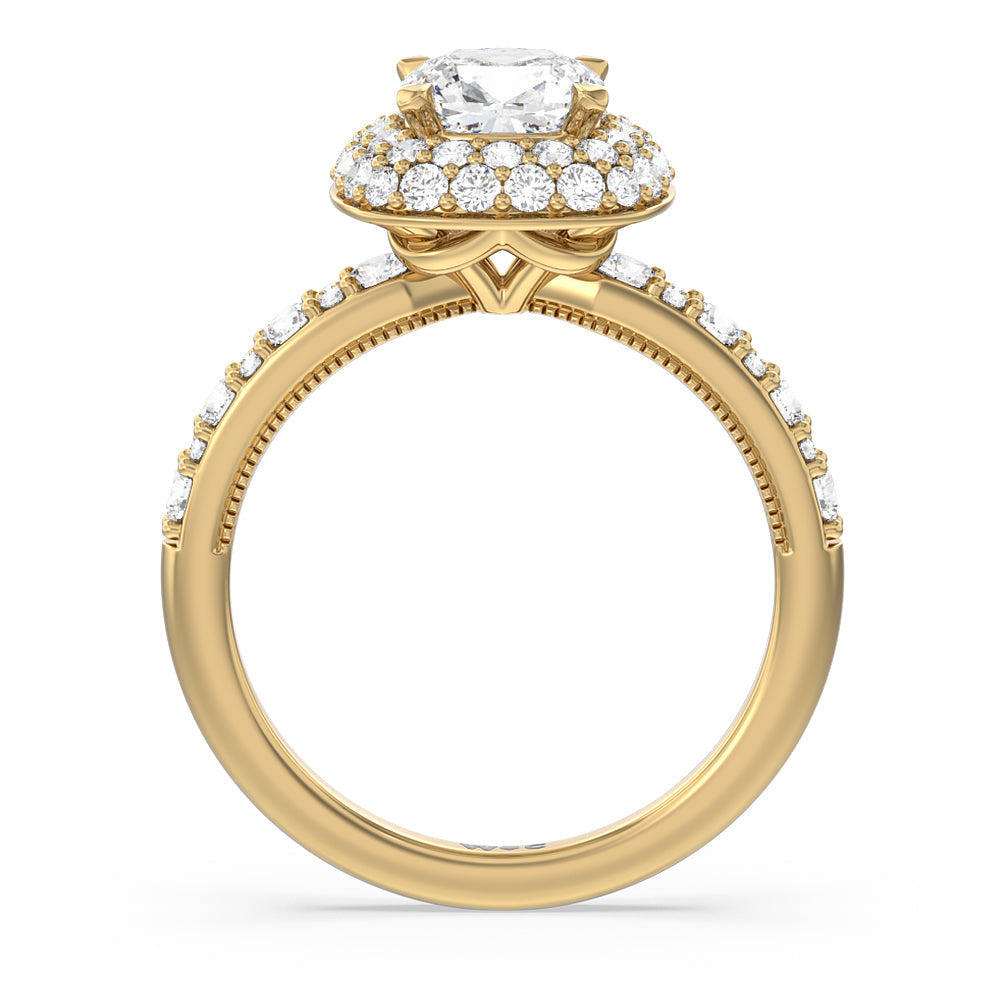 Cushion Cut Falling Edge Halo Engagement Ring with Lab Grown Diamond in 14KT Yellow Gold view 2
