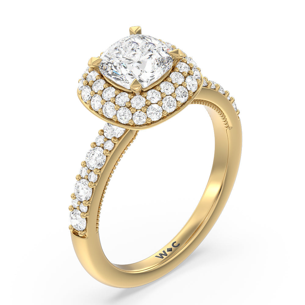 Cushion Cut Falling Edge Halo Engagement Ring with Lab Grown Diamond in 14KT Yellow Gold view 3
