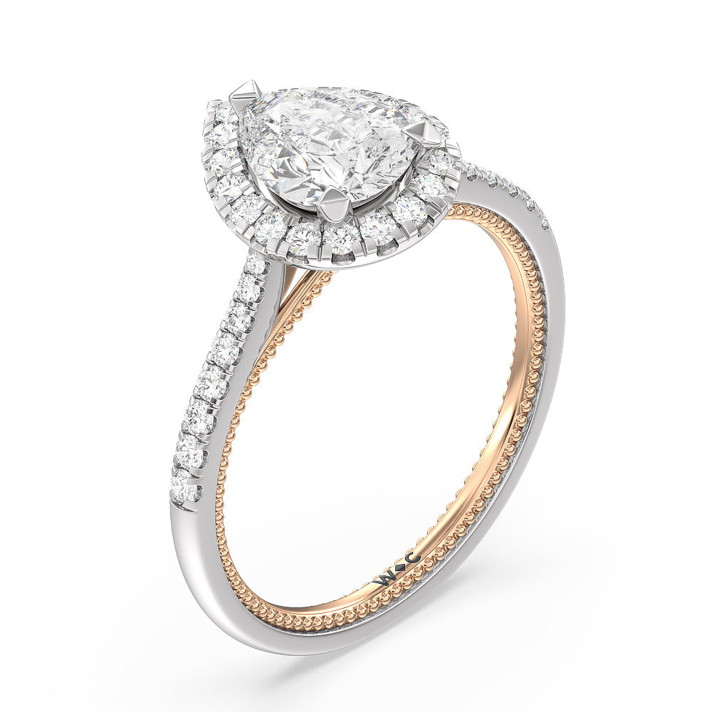 Pear Cut Duo Band Halo Engagement Ring with Lab Grown Diamond in 14KT White & Rose Gold view 3
