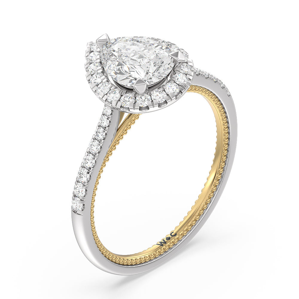Pear Cut Duo Band Halo Engagement Ring with Lab Grown Diamond in 14KT White & Yellow Gold view 3
