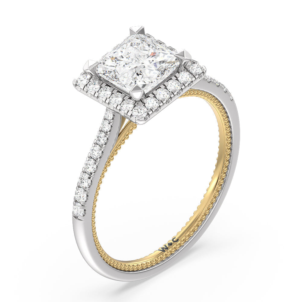 Princess Cut Duo Band Halo Engagement Ring with Lab Grown Diamond in 14KT White & Yellow Gold view 3
