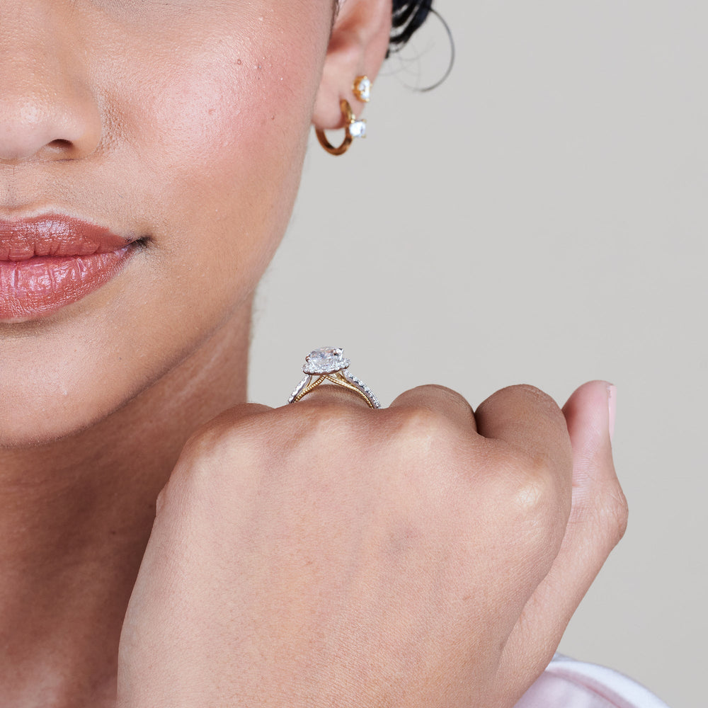 Model Wearing Duo Band Halo Engagement Ring with Lab Grown Diamond view
