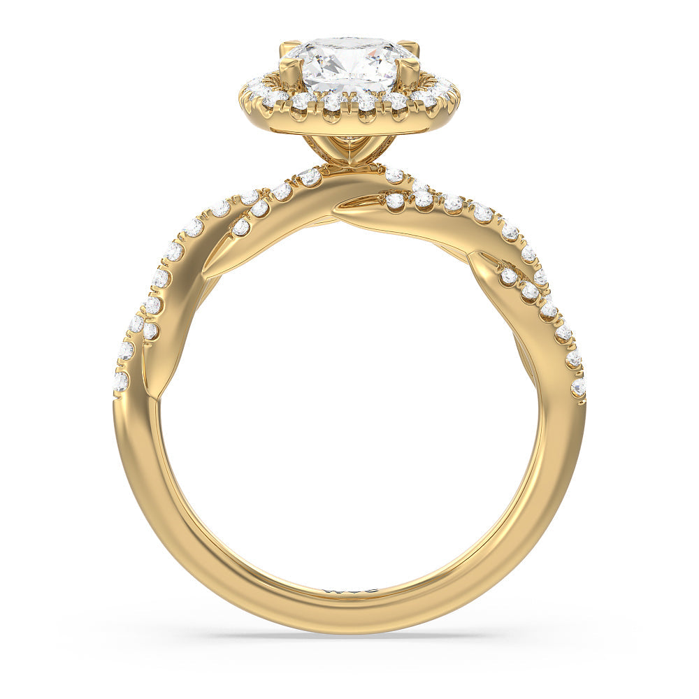 Cushion Cut Twisted Vine Halo Engagement Ring with Lab Grown Diamond in 14KT Yellow Gold view 2
