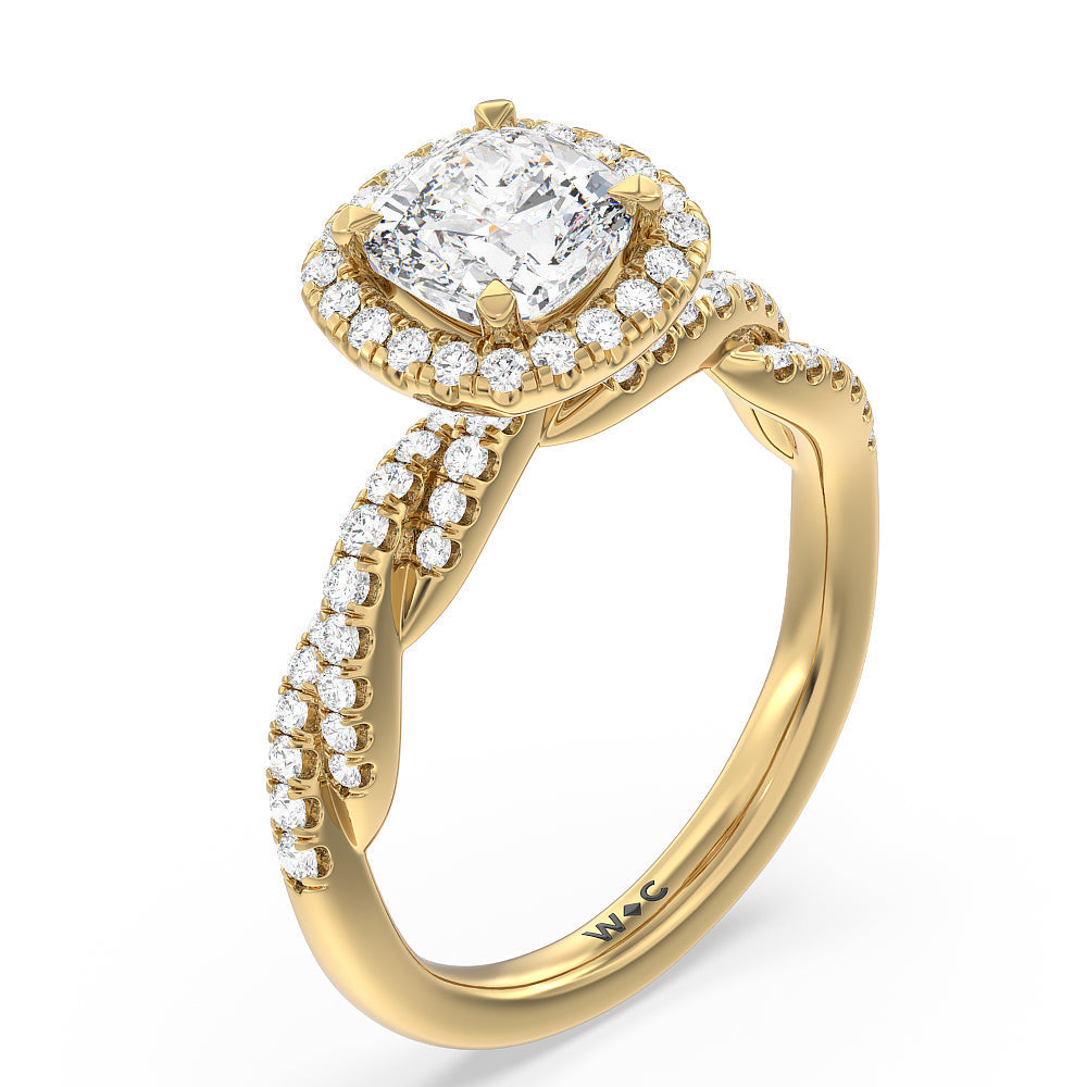 Cushion Cut Twisted Vine Halo Engagement Ring with Lab Grown Diamond in 14KT Yellow Gold view 3
