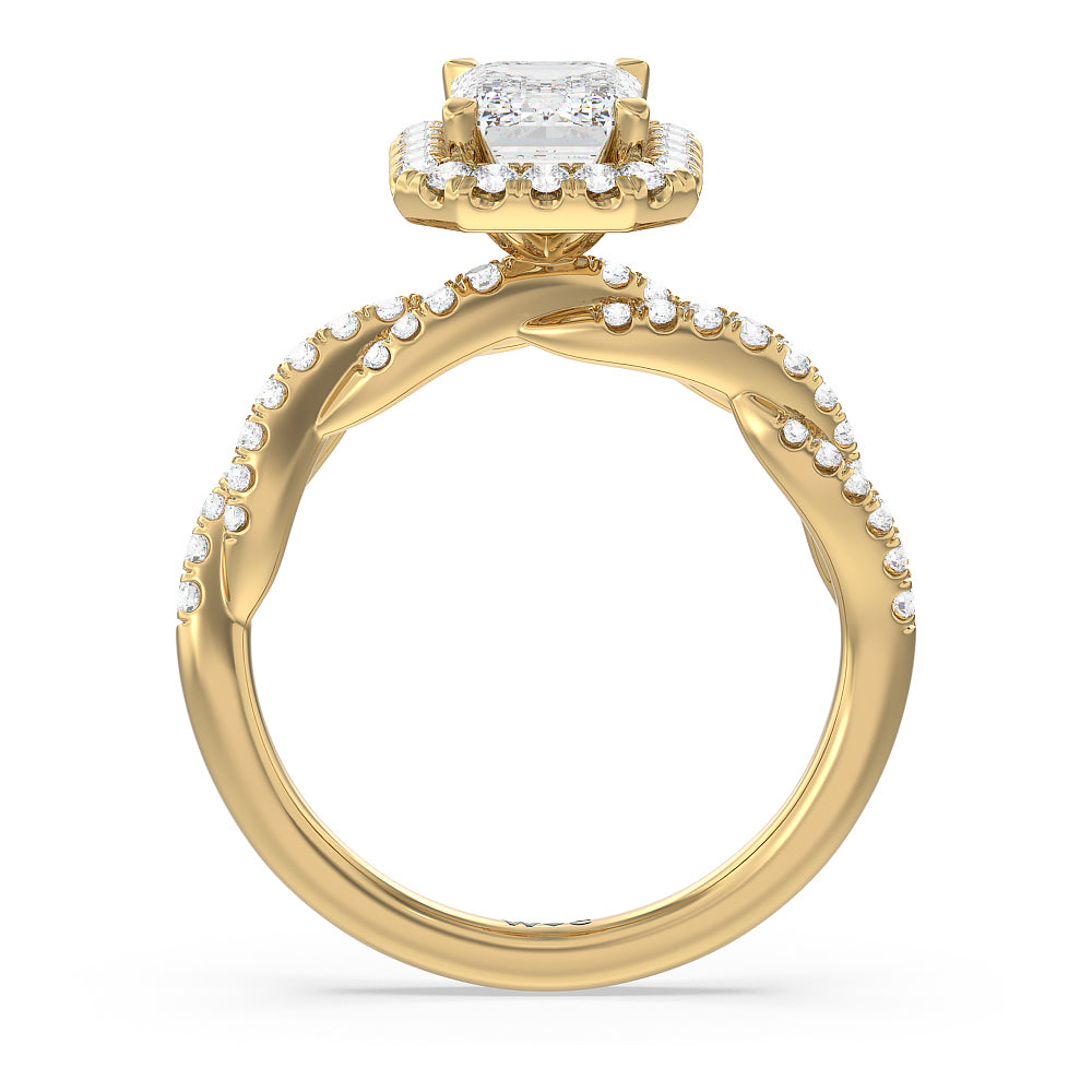 Emerald Cut Twisted Vine Halo Engagement Ring with Lab Grown Diamond in 14KT Yellow Gold view 2

