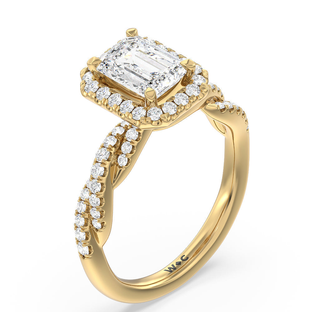 Emerald Cut Twisted Vine Halo Engagement Ring with Lab Grown Diamond in 14KT Yellow Gold view 3
