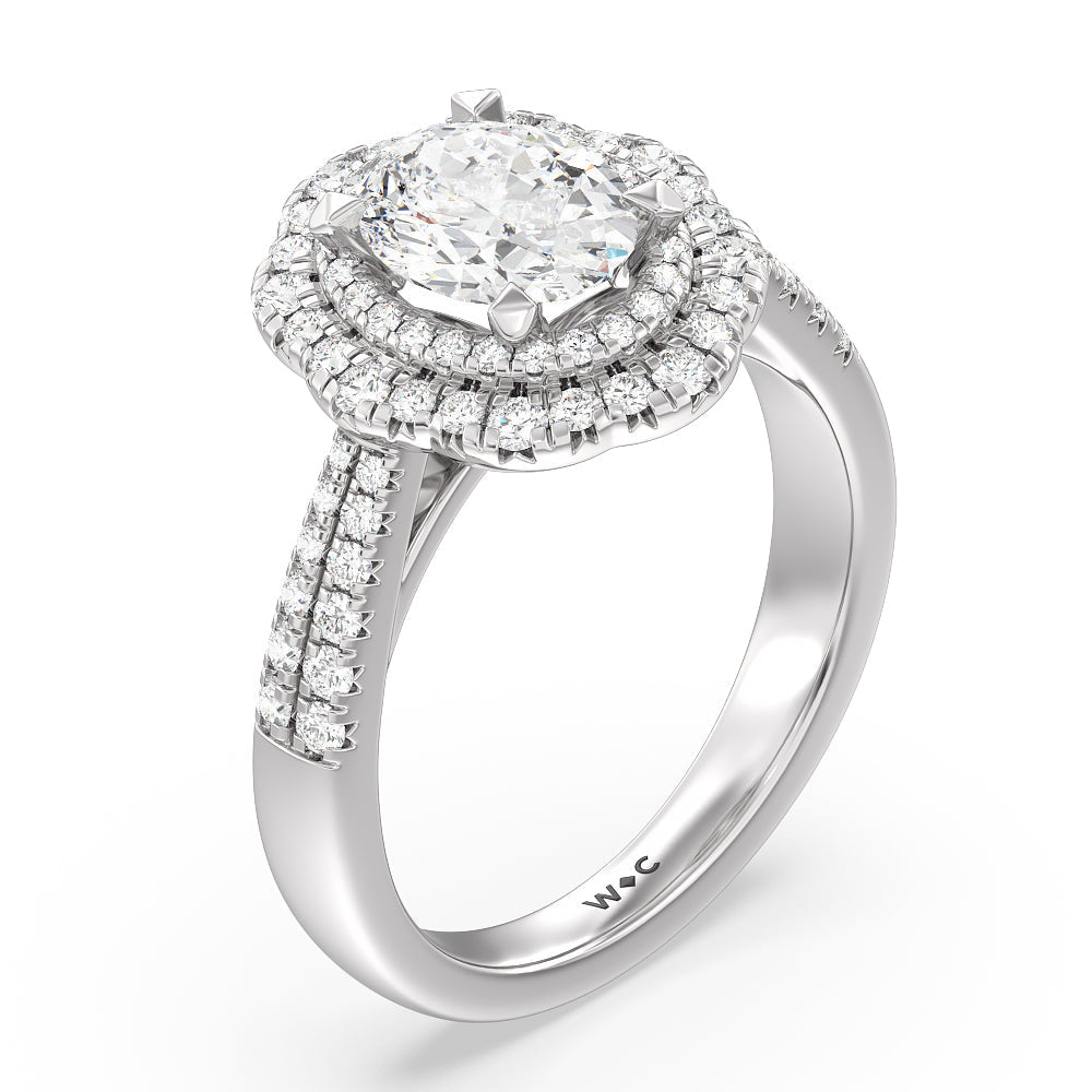 Tapered Double Halo Blossom Engagement Ring with Oval Cut Diamond in 14KT Platinum view 3
