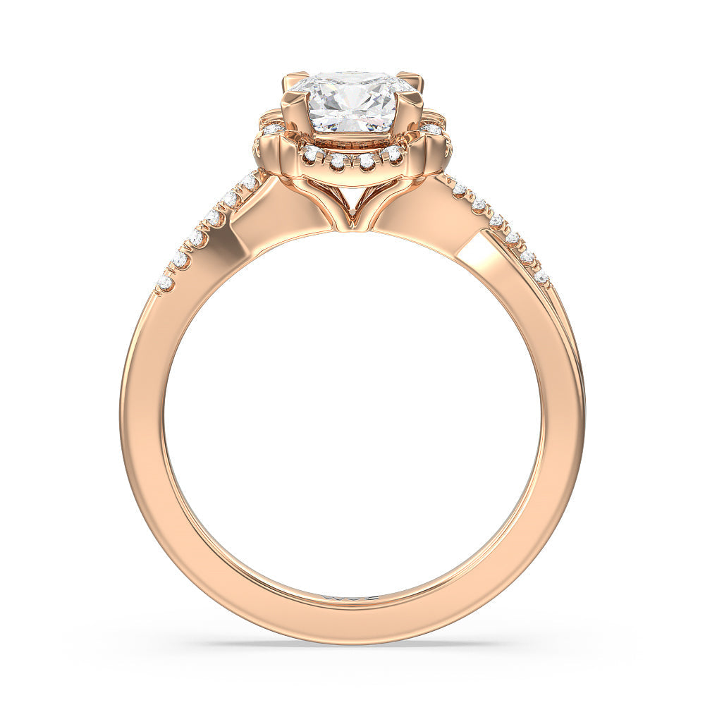 Wave Halo Engagement Ring with Cushion Cut Diamond in 14KT Rose Gold view 2
