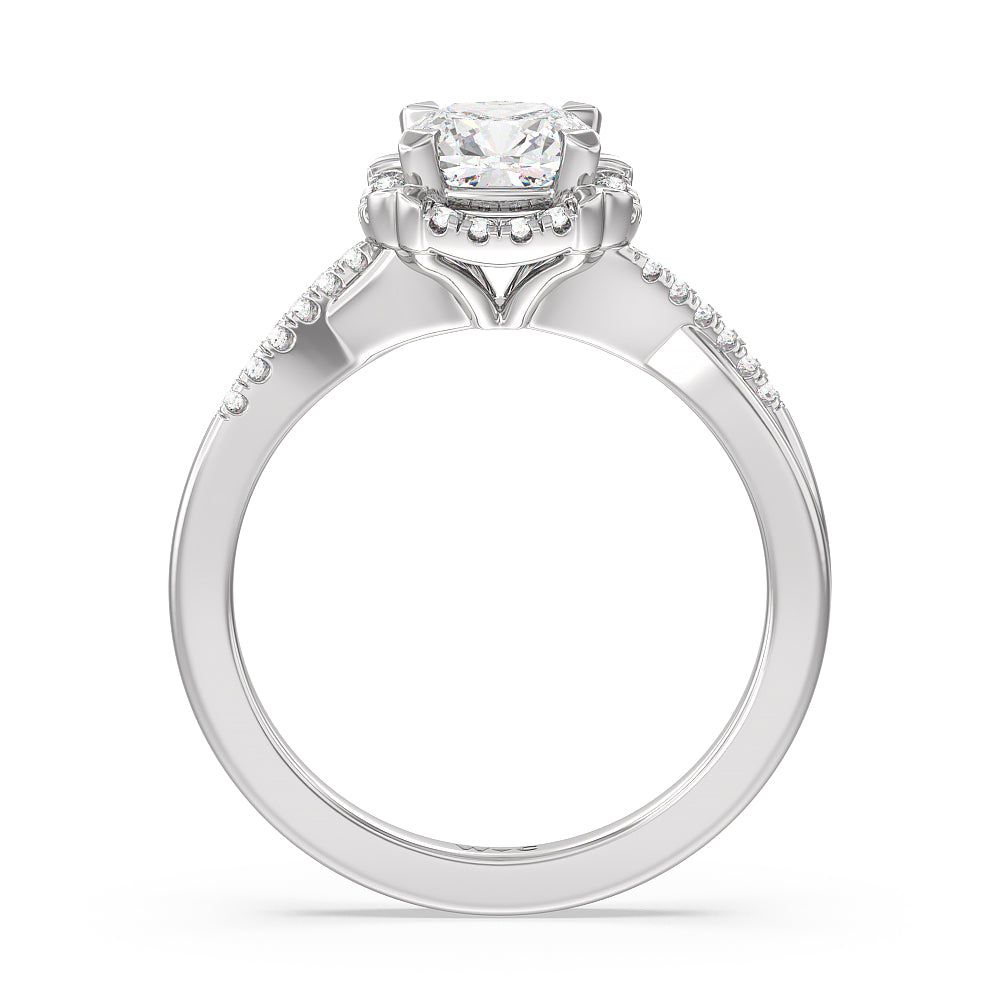 Wave Halo Engagement Ring with Cushion Cut Diamond in 14KT Platinum view 2
