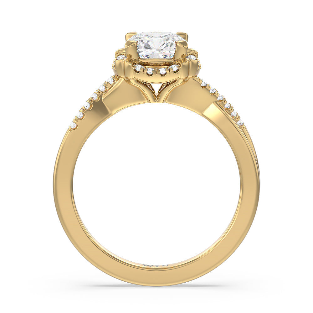 Wave Halo Engagement Ring with Cushion Cut Diamond in 14KT Yellow Gold view 2
