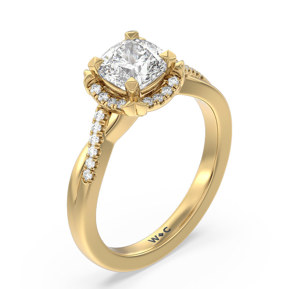 Wave Halo Engagement Ring with Cushion Cut Diamond in 14KT Yellow Gold view 3
