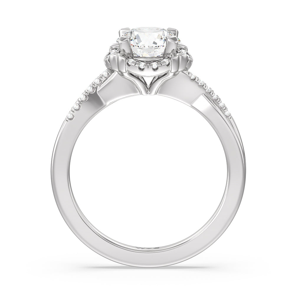 Wave Halo Engagement Ring with Round Cut Diamond in 14KT Platinum view 2
