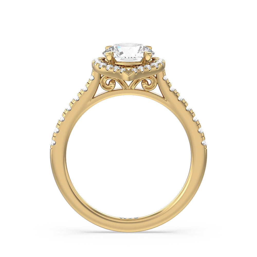 Fancy Halo Cathedral Engagement Ring with Round Cut Diamond in 14KT Yellow Gold view 2

