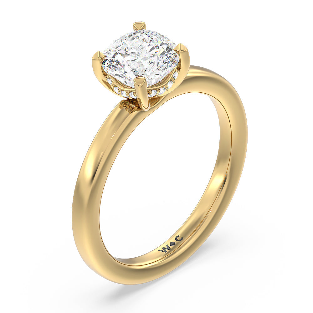 Fine Line Hidden Halo Engagement Ring with Cushion Cut Diamond in 14KT Yellow Gold view 3

