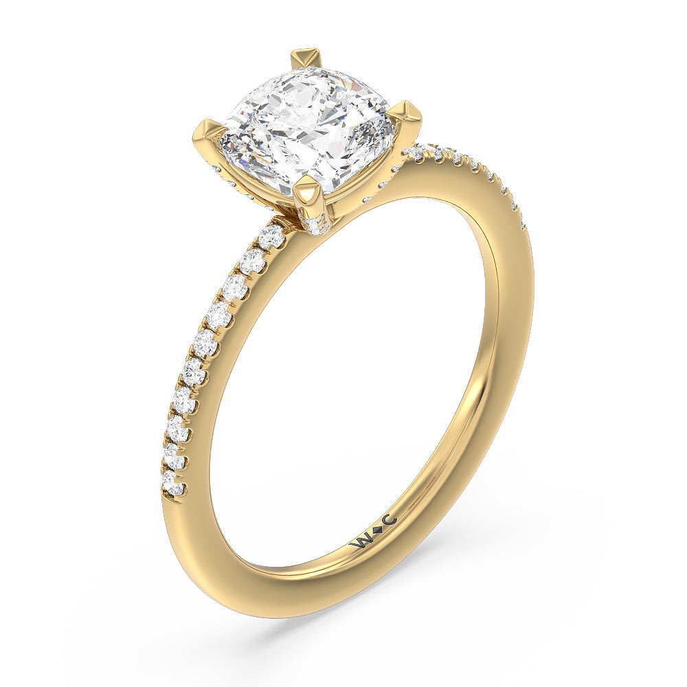 Fine Line Pave Engagement Ring with Cushion Cut Diamond in 14KT Yellow Gold view 3
