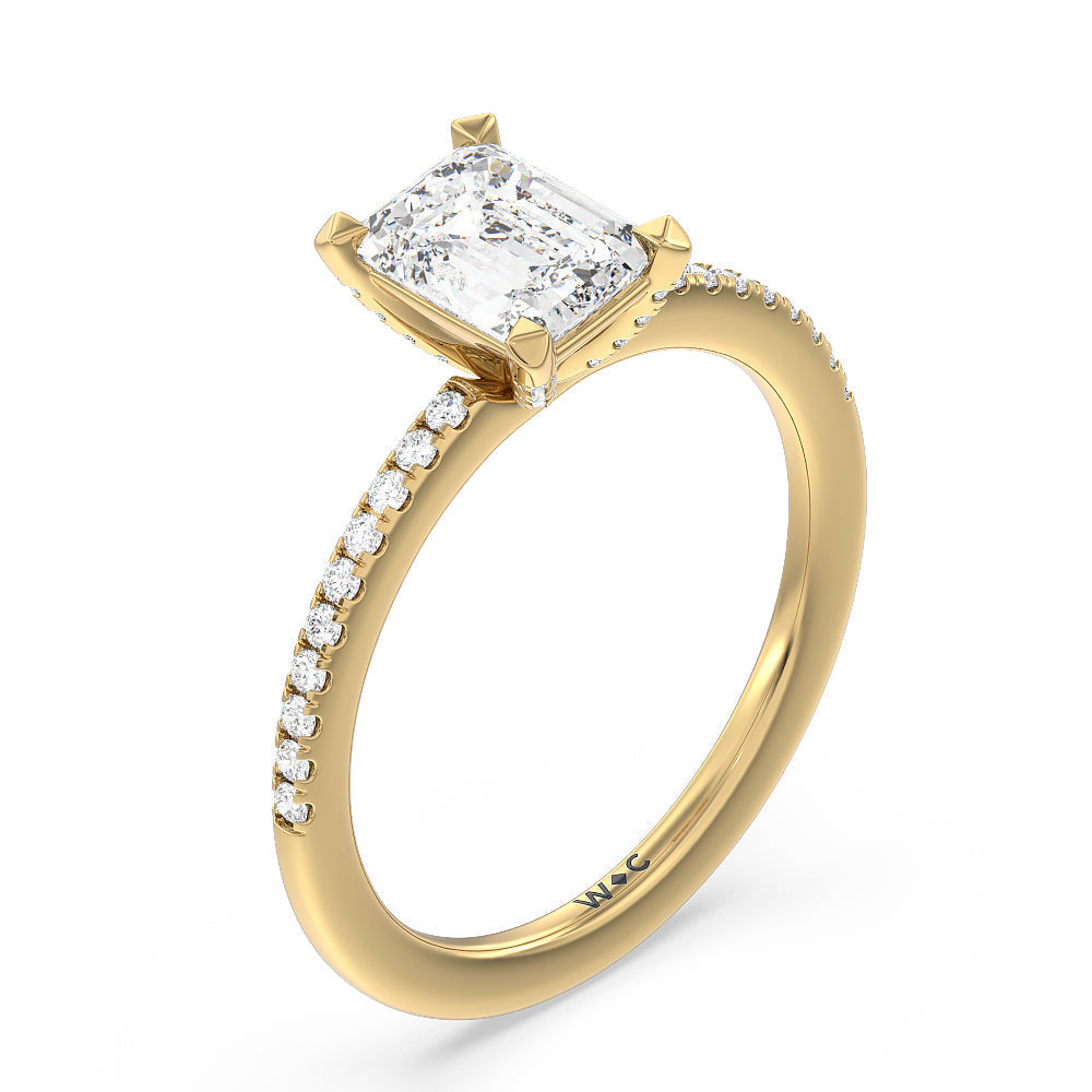 Fine Line Pave Engagement Ring with Emerald Cut Diamond in 14KT Yellow Gold view 3
