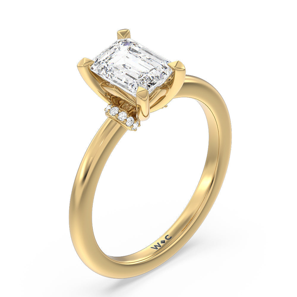 Diamond Collar Fine Line Engagement Ring with Emerald Cut Diamond in 14KT Yellow Gold view 3
