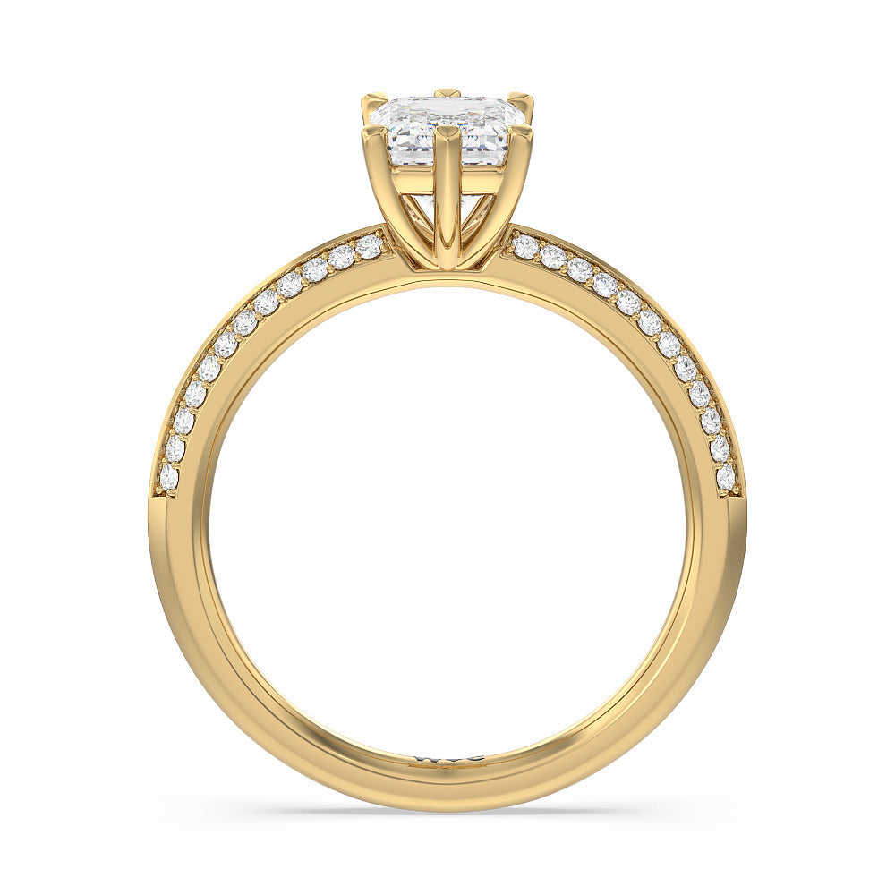 Fine Line 6 Claw Knife Edge Engagement Ring with Emerald Cut Diamond in 14KT Yellow Gold view 2
