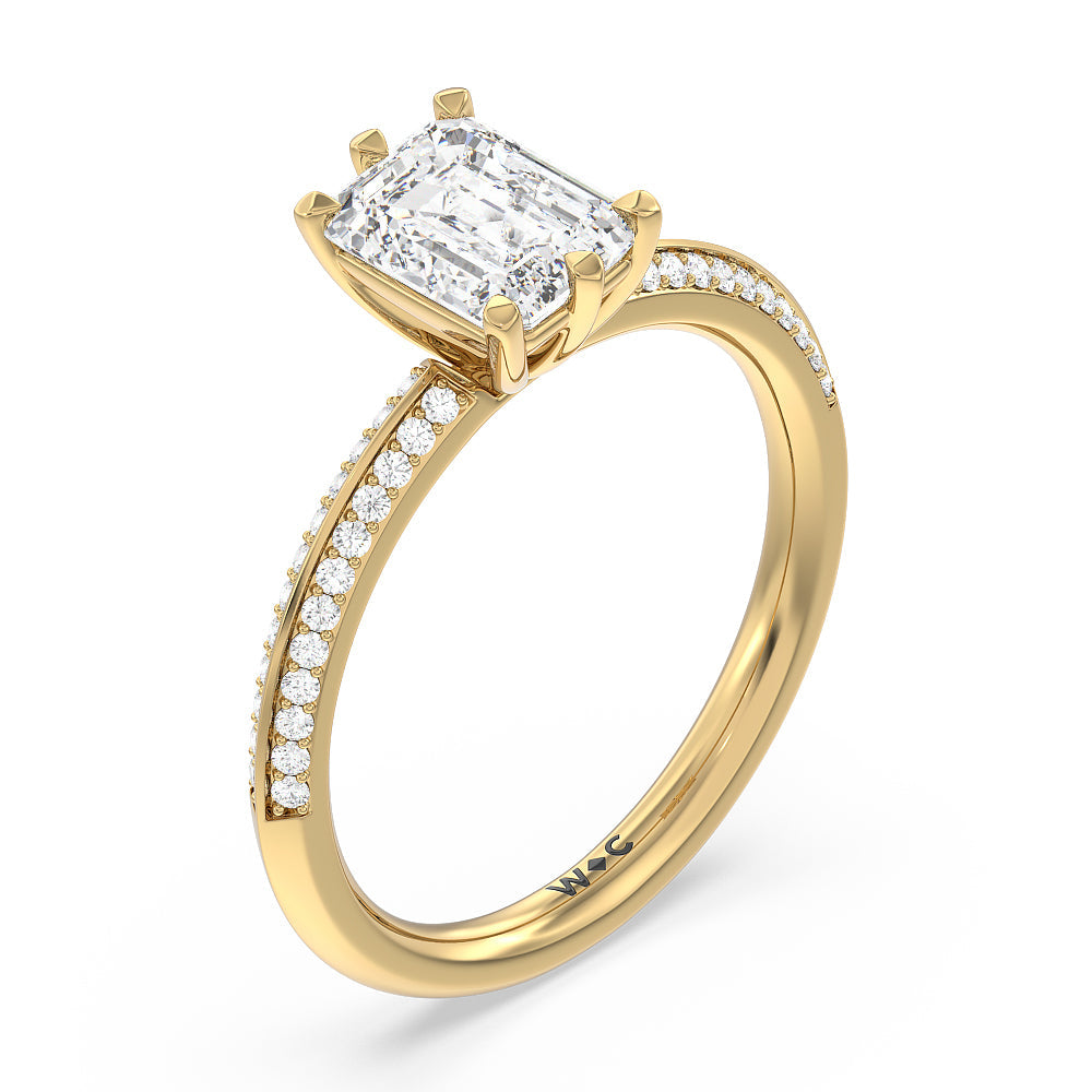 Fine Line 6 Claw Knife Edge Engagement Ring with Emerald Cut Diamond in 14KT Yellow Gold view 3
